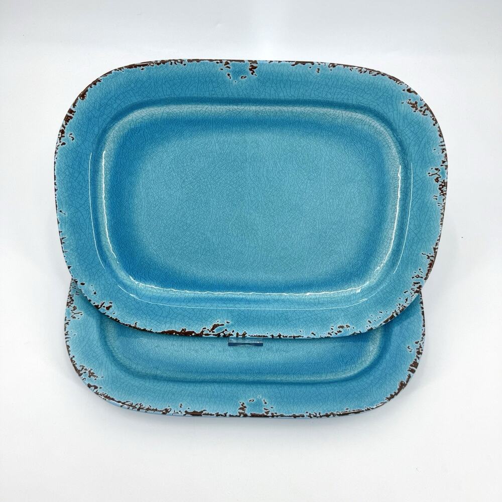 Williams Sonoma Rustic Turquoise Crackle Outdoor Melamine Serving Platters (2)